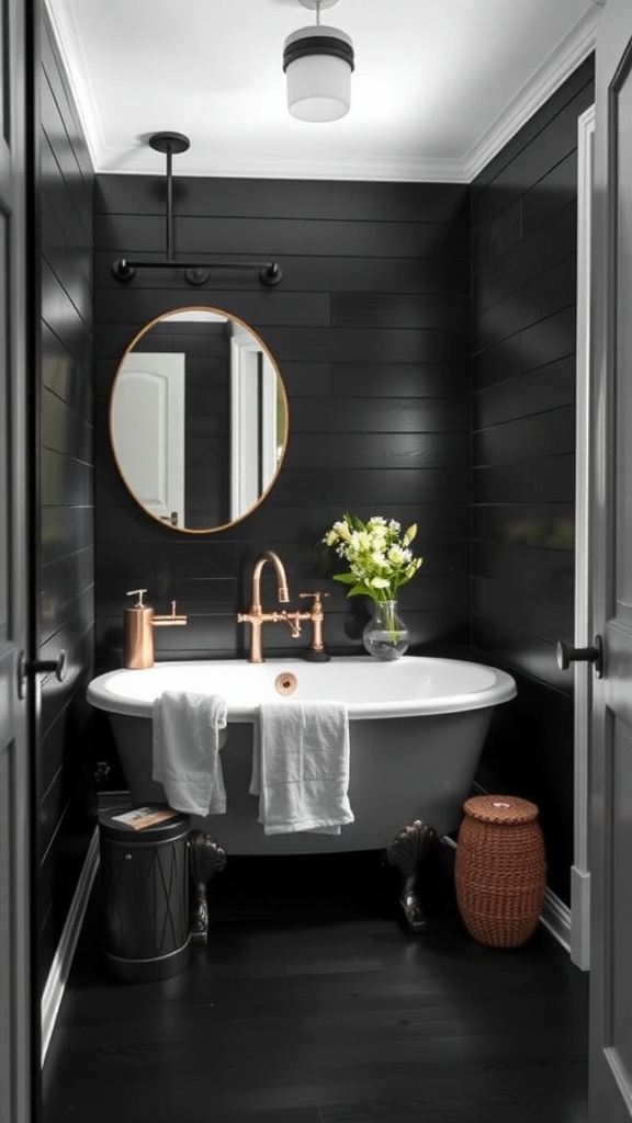 A chic bathroom featuring black shiplap walls, a white bathtub, and stylish decor.