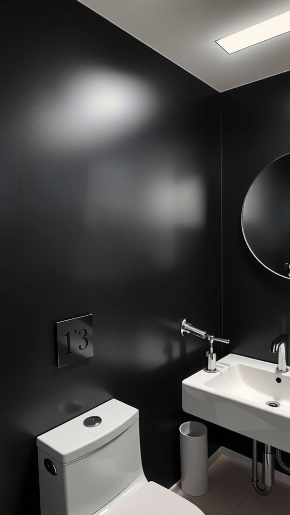 A modern matte black bathroom showcasing a sleek design with a mirror and minimalist fixtures.