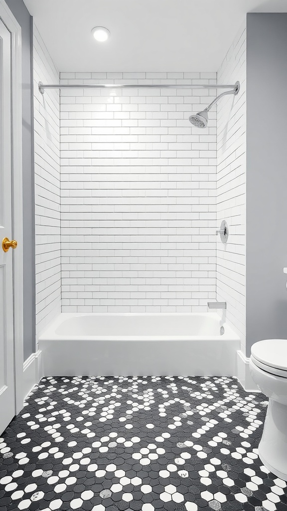 Bathroom with white subway tiles on the walls and black and white penny tile flooring