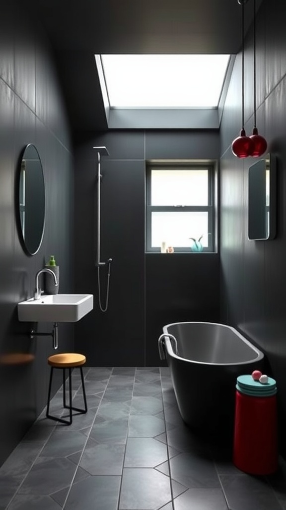 A modern matte black bathroom with bold color accents.