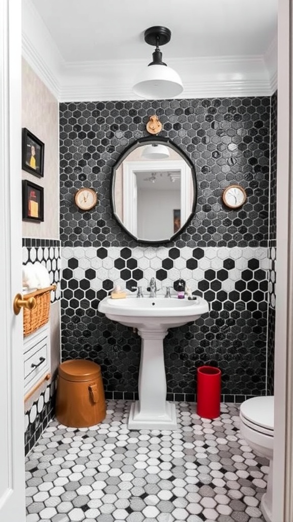 A black and white penny tile bathroom featuring hexagonal tiles, a round mirror, and colorful accents.