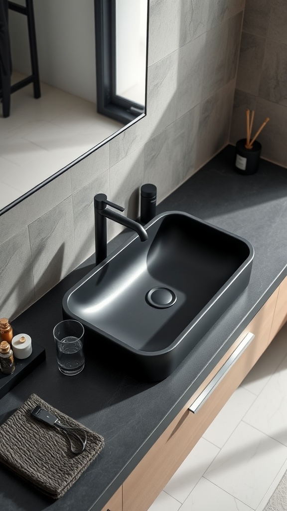 A modern black bathroom sink with a sleek design and a dark countertop.