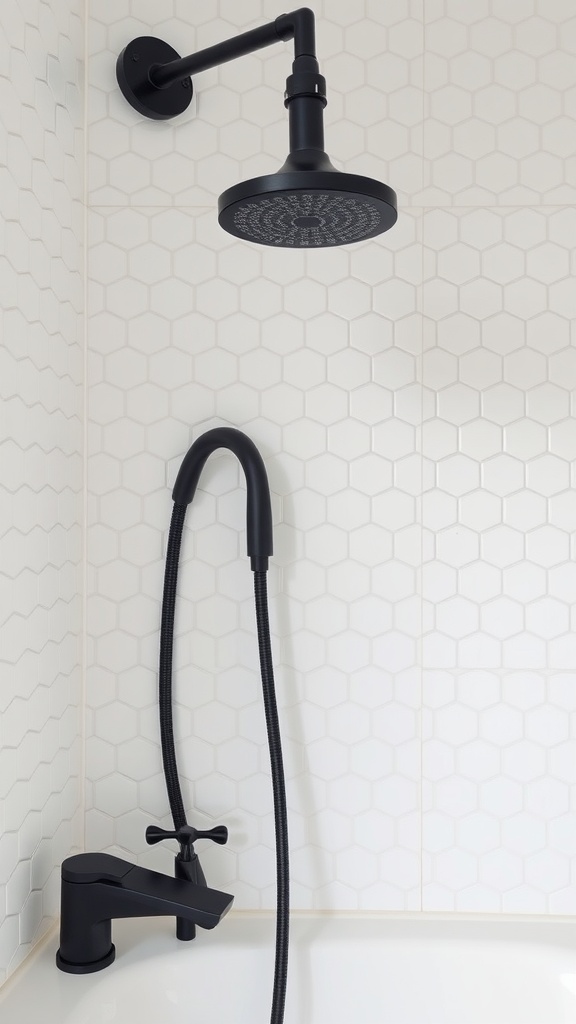 Black showerhead and faucet in a penny tile bathroom