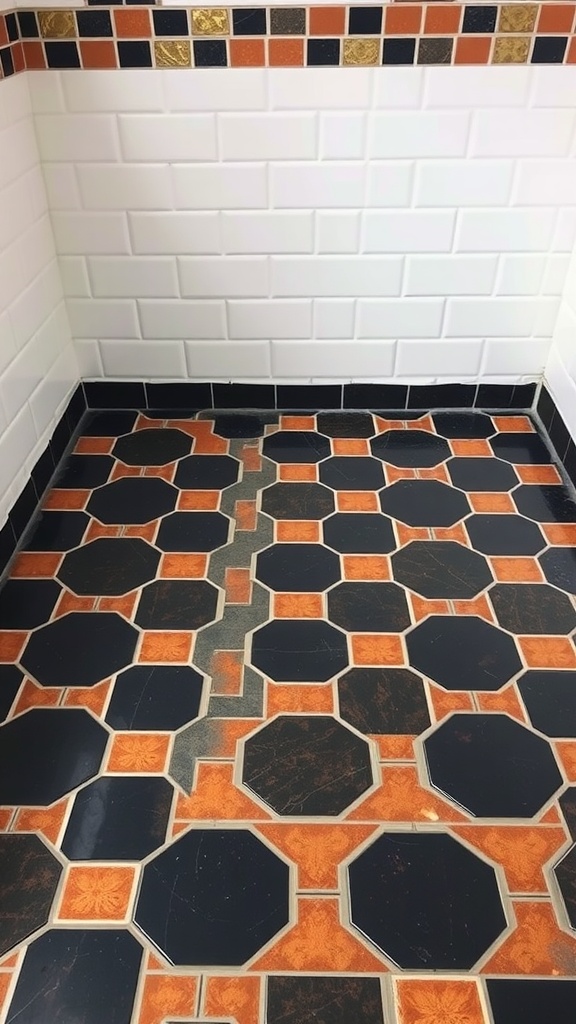 Black and orange contrasting floor tiles in a bathroom