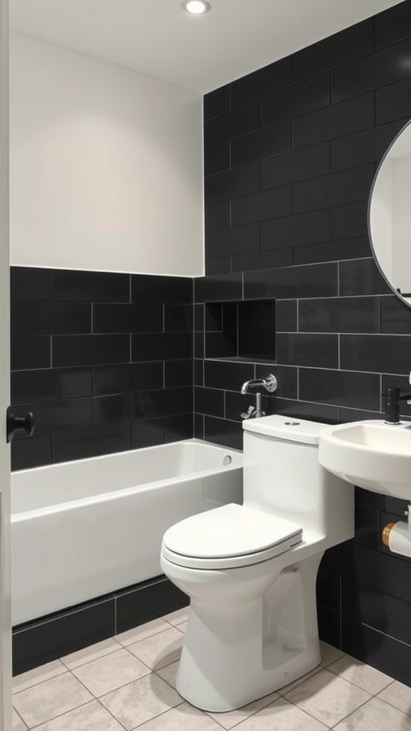 A black shiplap bathroom featuring white fixtures including a bathtub, toilet, and sink.