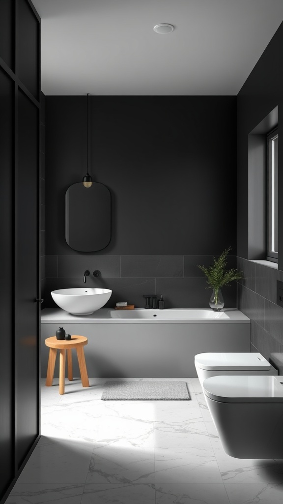 A matte black bathroom featuring a white sink and bathtub, light flooring, and a green plant for contrast.