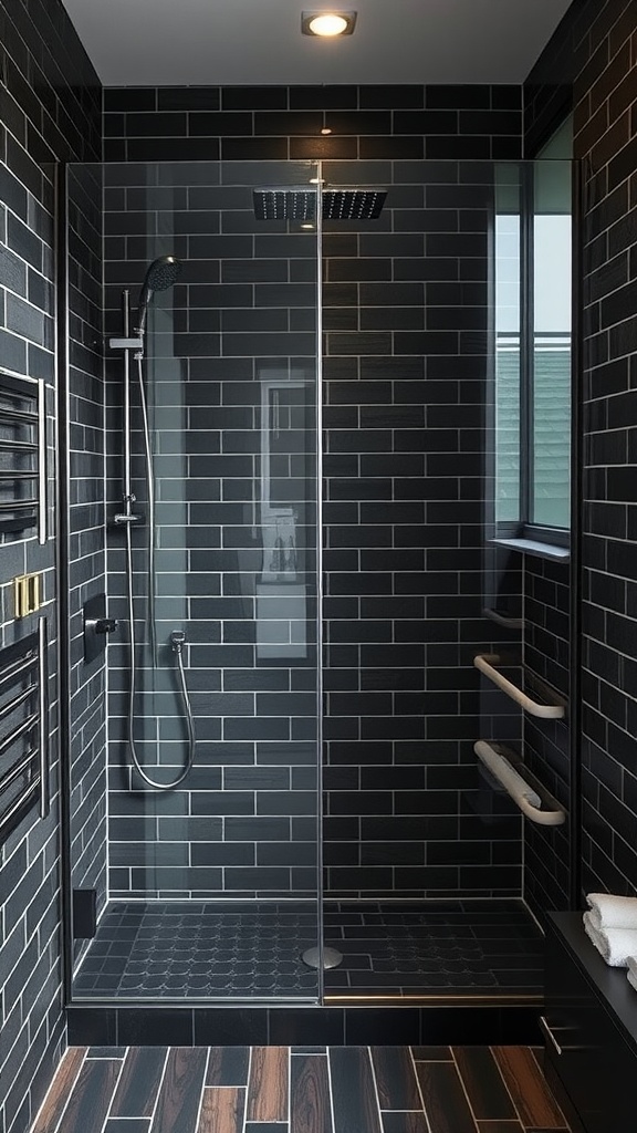 A modern custom shower design featuring black tiles and wooden flooring.