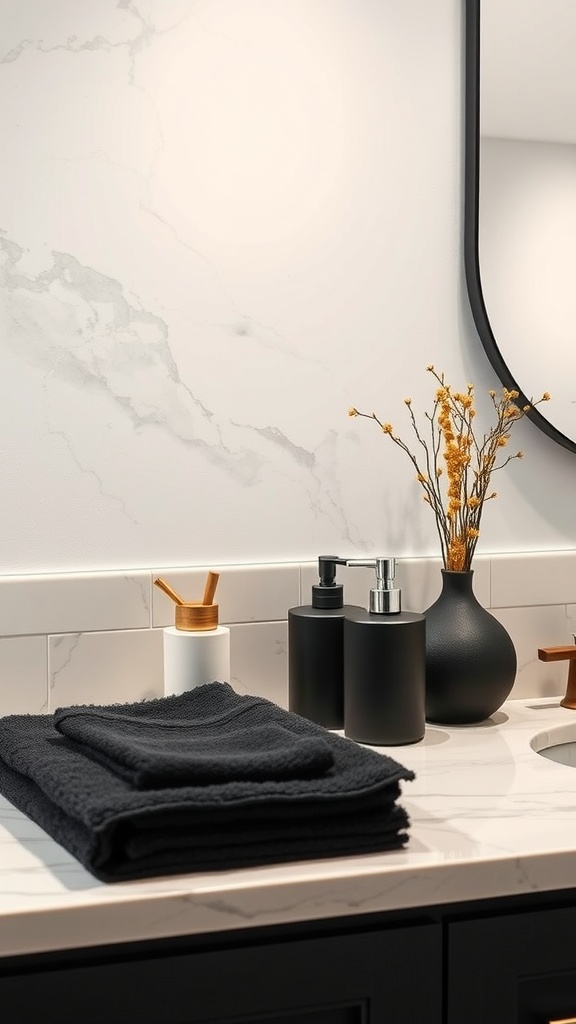 A stylish bathroom countertop with black towels, black dispensers, a decorative vase with dried flowers, and a marble surface.