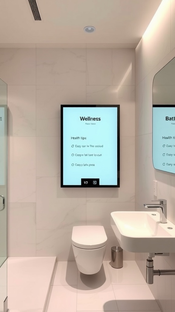 A modern bathroom featuring a digital wellness screen displaying health tips.