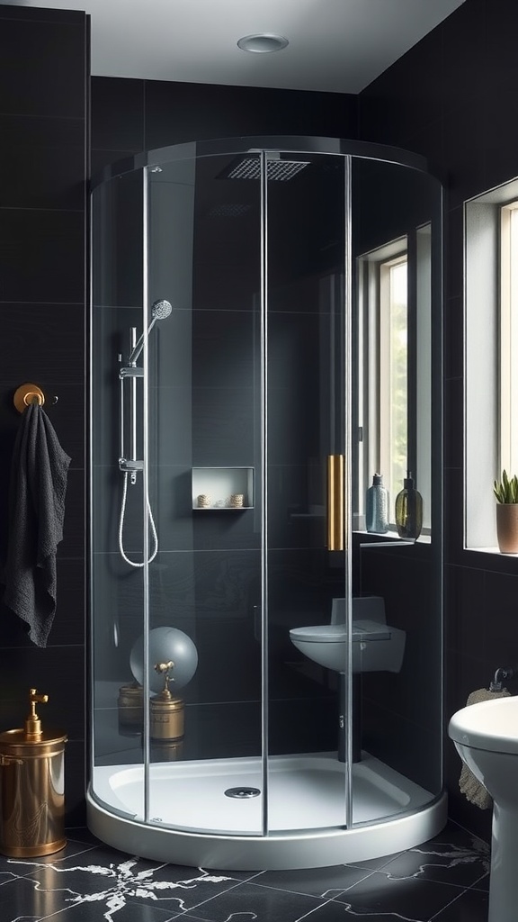 A modern black shower enclosure featuring curved glass panels, metal fixtures, and a window with natural light.