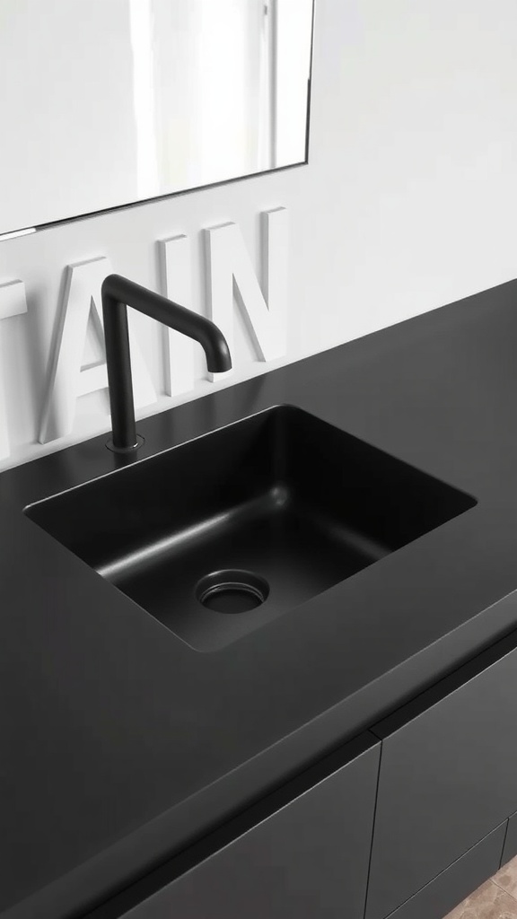 A modern matte black bathroom sink with a sleek faucet and minimalist style.