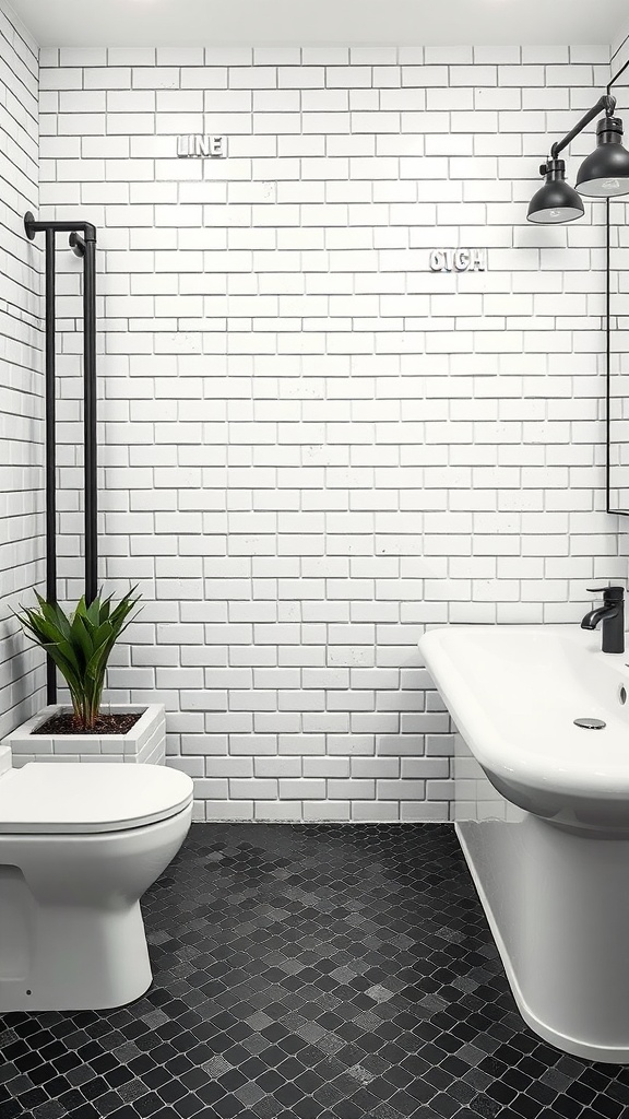 A black and white penny tile bathroom with black floor tiles, white subway wall tiles, and a clean modern design.