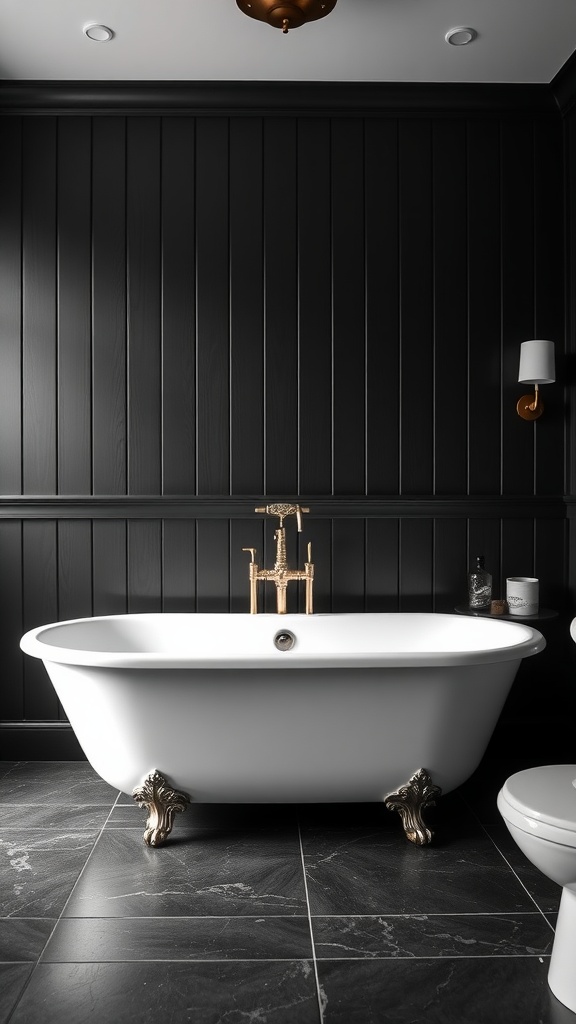 Black shiplap bathroom featuring an elegant white bathtub with gold fixtures