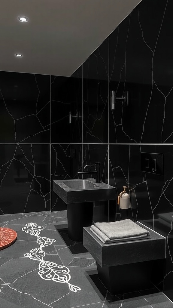 A modern bathroom featuring black walls with elegant fixtures and brown accents.