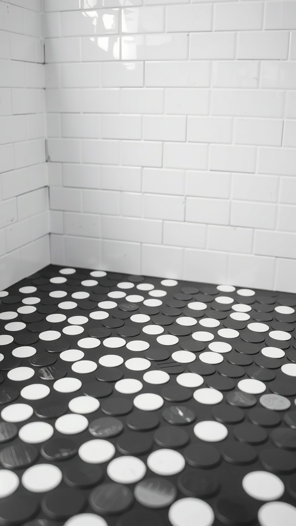 Black and white penny tile bathroom floor with white subway tiles on the wall.