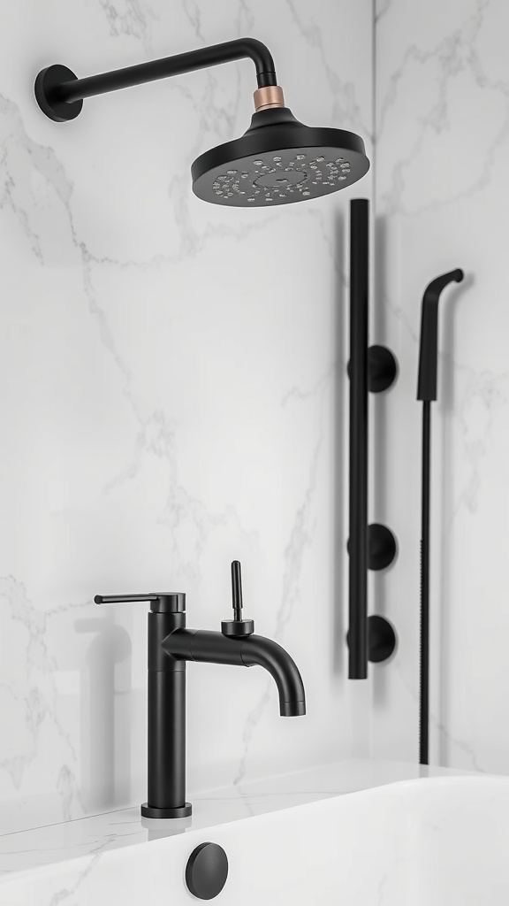 Matte black showerhead and faucet in a modern bathroom setting