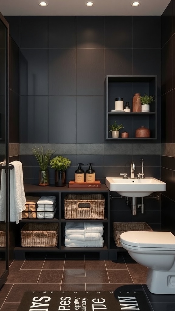 A stylish black and brown bathroom featuring functional storage solutions with open shelving, woven baskets, and neatly arranged toiletries.