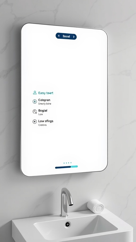 A modern smart mirror displaying a digital interface with various options.