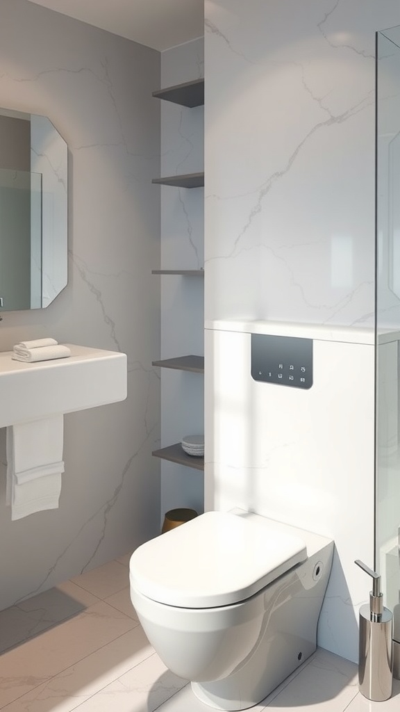 A modern bathroom featuring a high-tech toilet, a sleek sink, and minimalist design elements.