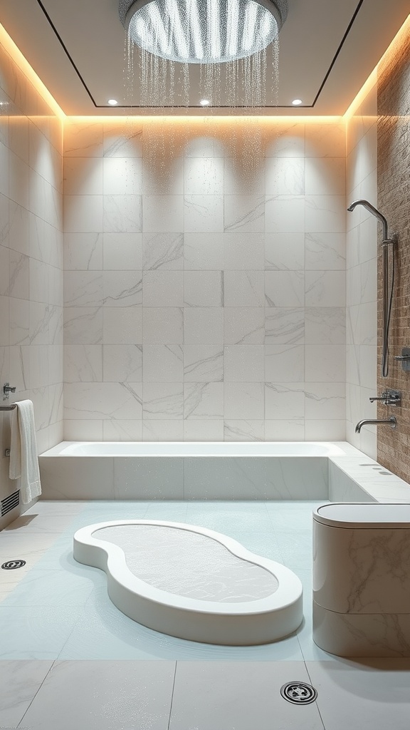 A modern bathroom featuring a unique bathtub, overhead shower, and warm lighting.