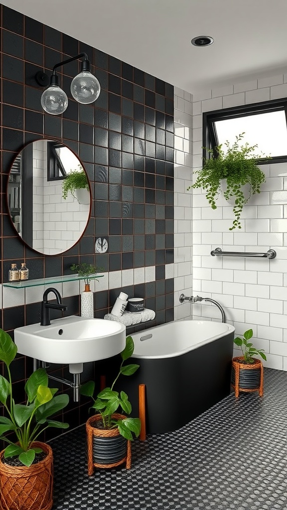 A modern bathroom featuring black and white tiles, a round mirror, and several plants in woven baskets.