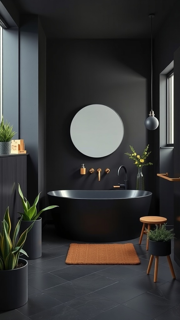 A matte black bathroom featuring a black bathtub, plants, and warm wood accents