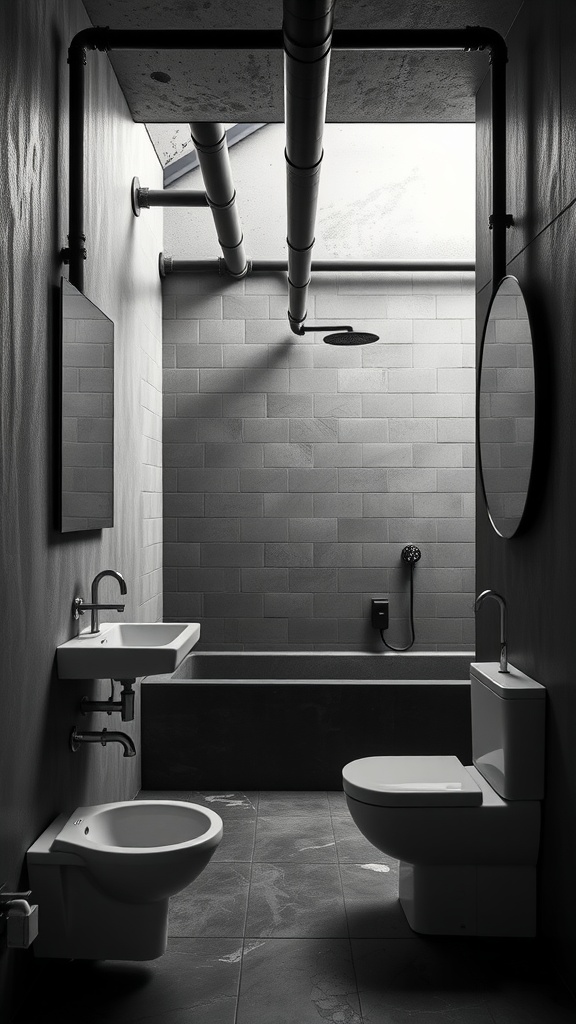 A modern and industrial-style bathroom featuring matte black elements, exposed pipes, and minimalist fixtures.