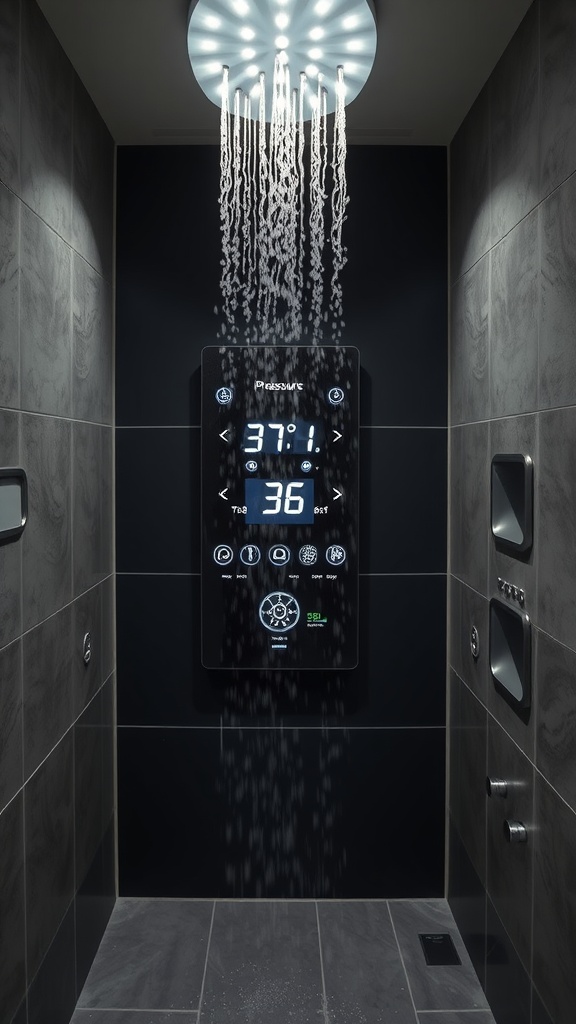 A modern shower with an interactive digital display showing temperature and pressure.