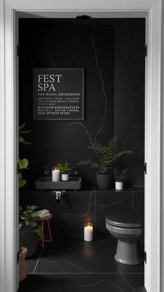 A modern black-themed bathroom with plants and candles, creating a spa-like atmosphere.