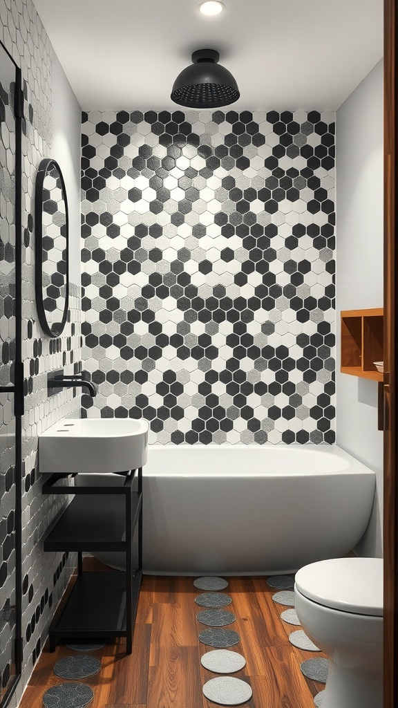 Black and white penny tile bathroom featuring hexagonal tiles, a curved bathtub, wooden flooring, and minimalist fixtures.