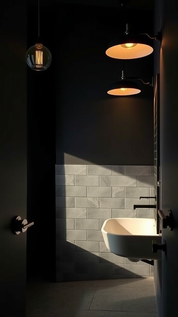 A matte black bathroom with warm lighting from hanging fixtures and wall lights.