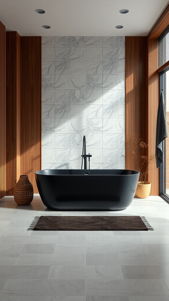 A modern black bathtub surrounded by wooden accents and stylish decor in a luxurious bathroom setting