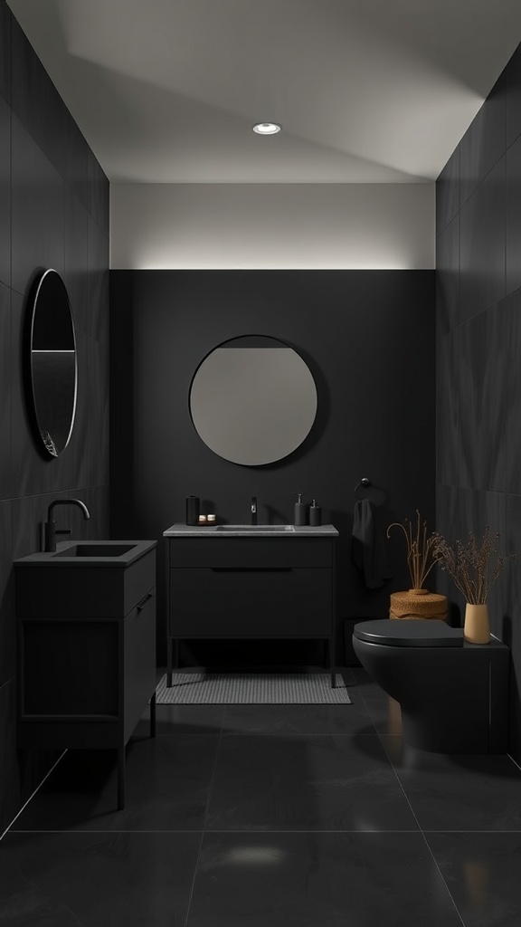 A modern matte black bathroom featuring sleek fixtures, a round mirror, and minimalist decor.