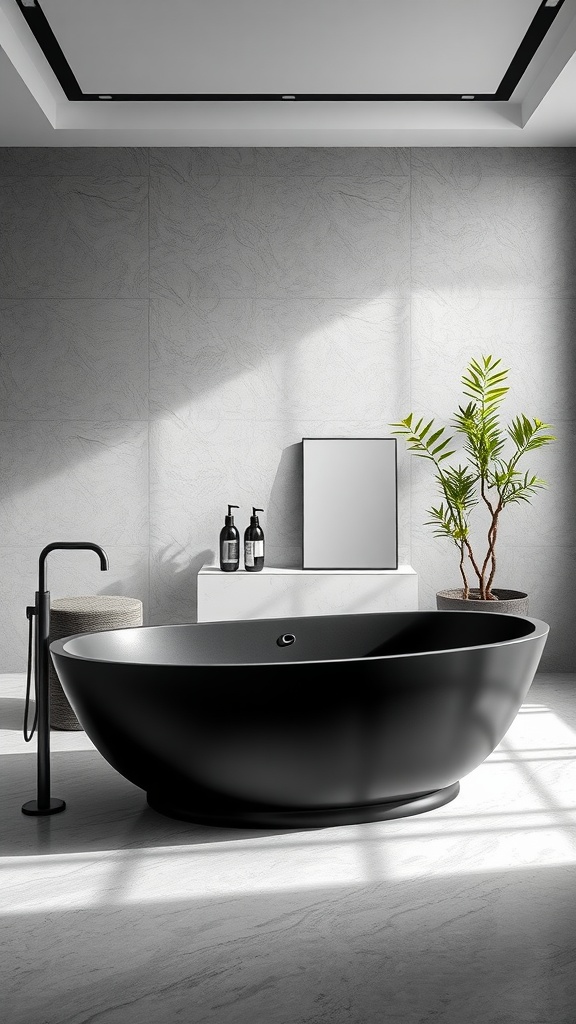 A sleek matte black bathtub in a modern bathroom with textured walls and natural elements.