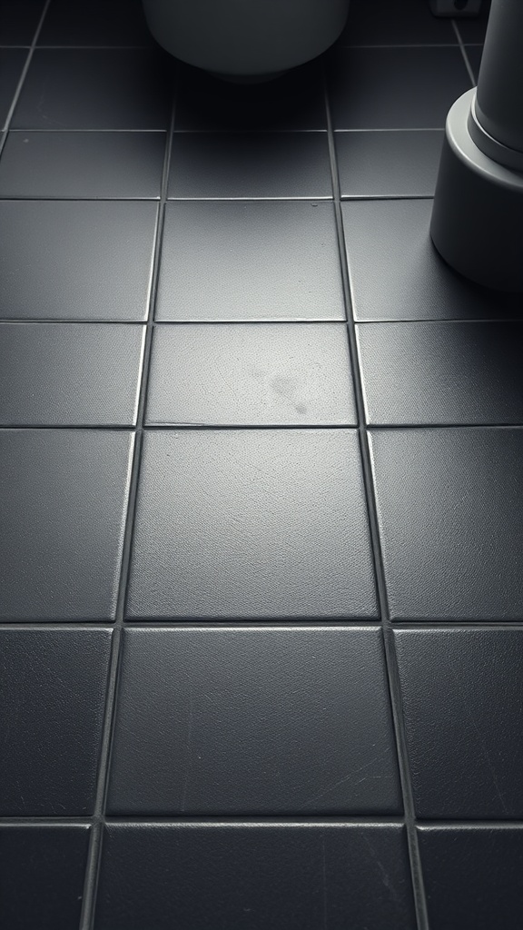 Close-up view of matte black bathroom tiles, showing their texture and design.