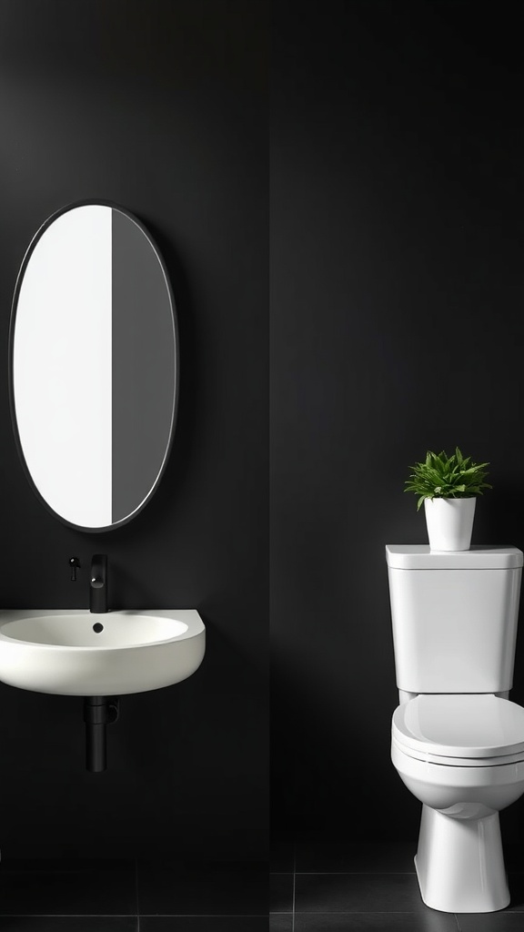 A modern bathroom with a matte black wall, white sink, and toilet, featuring an oval mirror and a small plant.