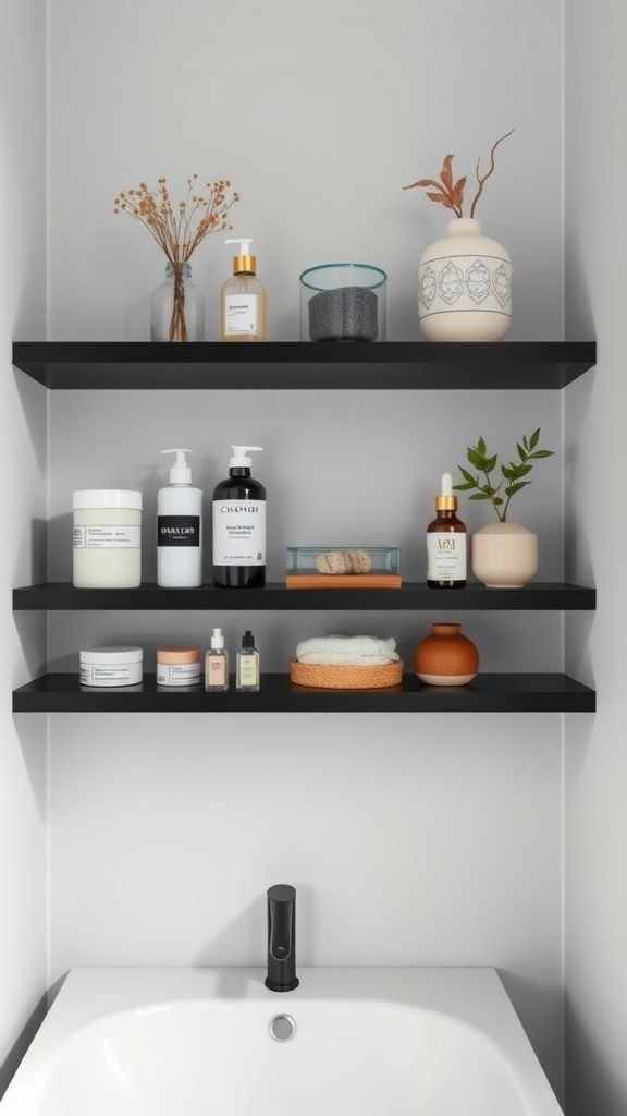 A minimalist black shelving display in a bathroom with various skincare products, plants, and decorative items.