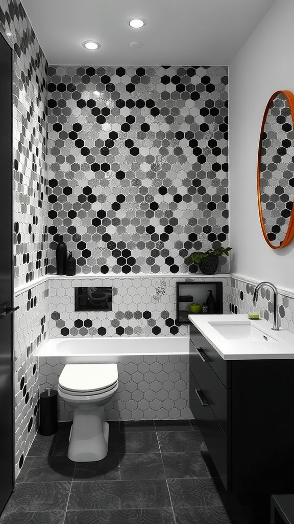 A minimalist black and white penny tile bathroom featuring hexagonal tiles, modern fixtures, and a round mirror with an orange frame.