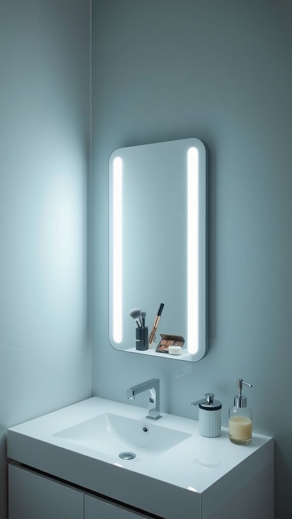 A modern bathroom mirror with augmented reality features, illuminated by LED lights, reflecting a clean sink area with beauty products.