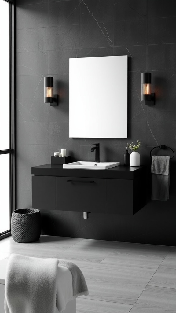 A modern black floating vanity featuring a white sink, mounted on a dark wall with stylish lighting.