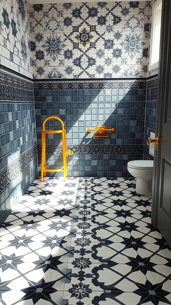 A black themed bathroom with a mix of monochrome patterned tiles on the floor and walls, featuring a yellow chair.