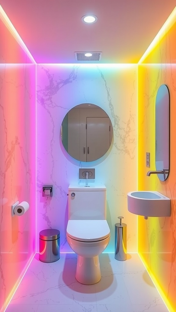 A modern bathroom featuring colorful lighting and elegant marble walls.