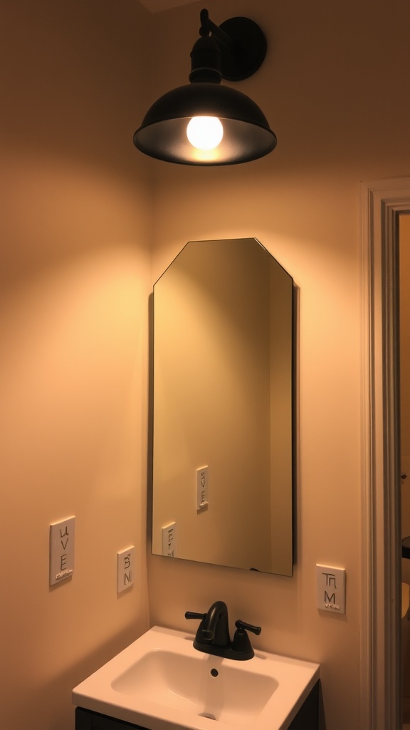 A black lighting fixture above a modern sink and mirror in a bathroom