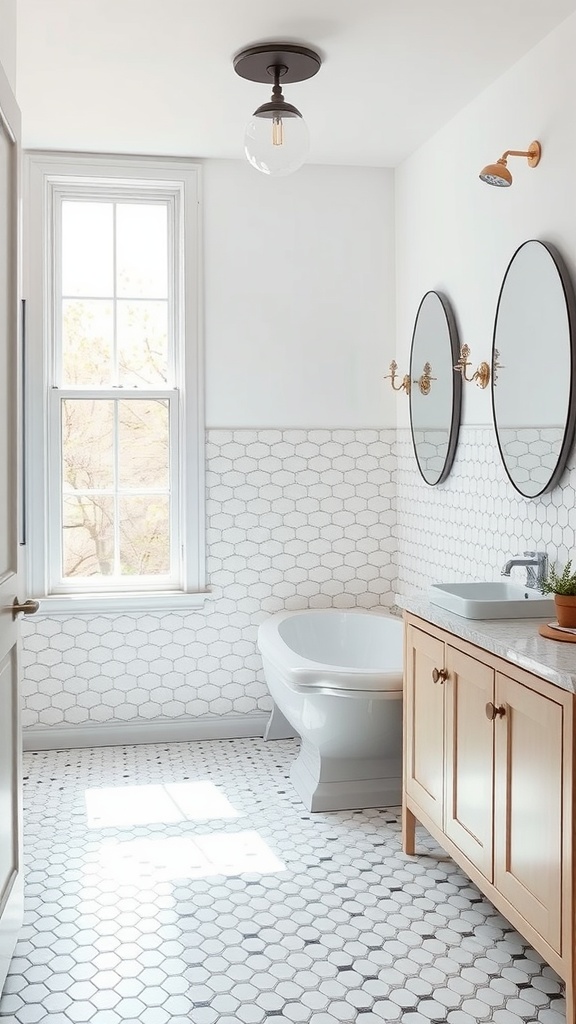 A bright bathroom with black and white penny tiles, a tub, and a wooden vanity