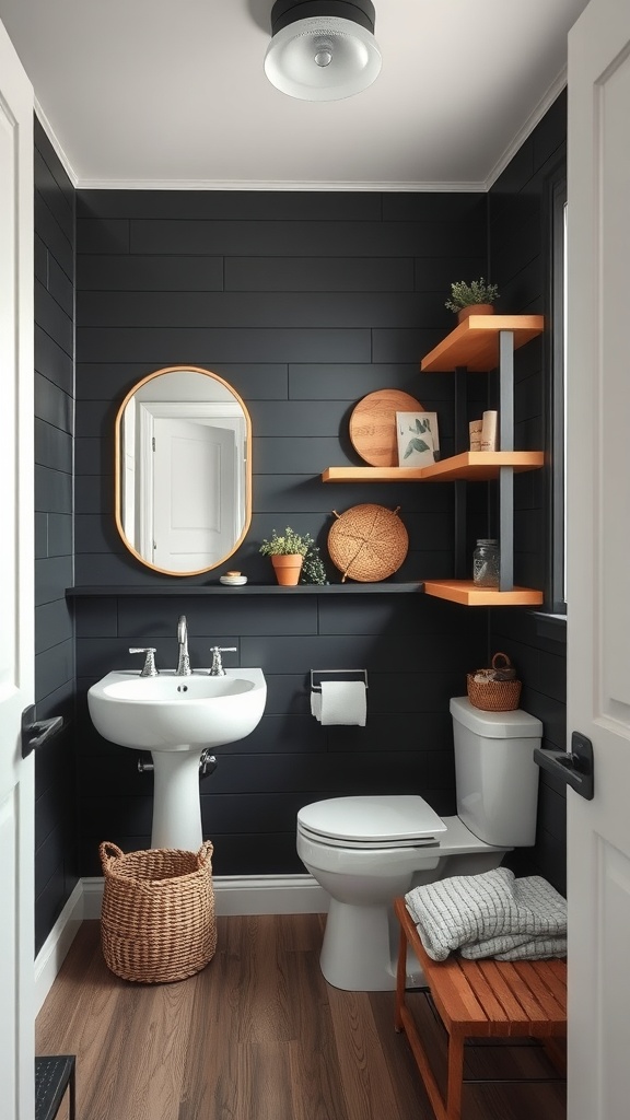 Black shiplap bathroom with wooden shelves and natural wood elements