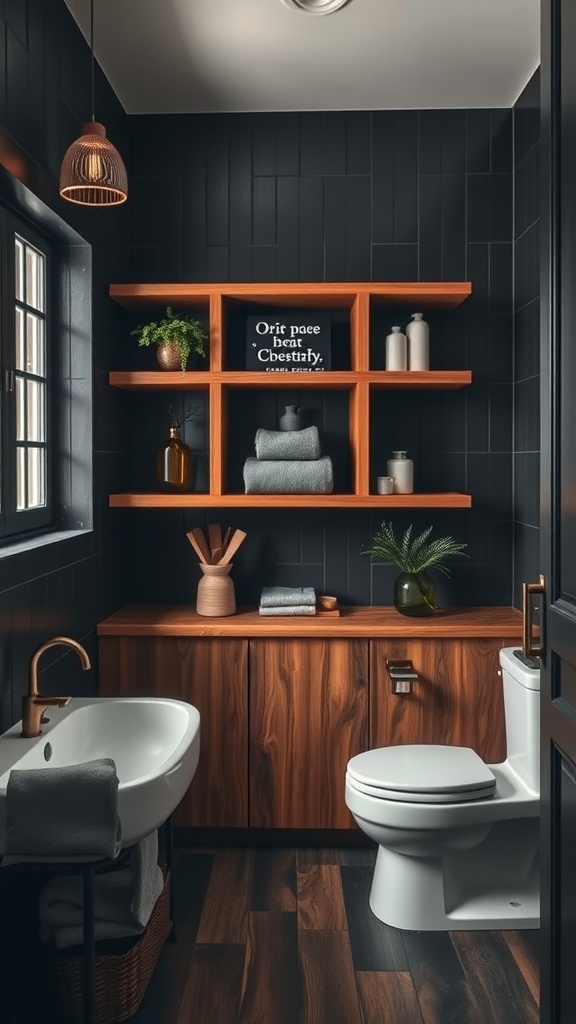 A stylish bathroom featuring natural wood elements, dark walls, and decorative plants.