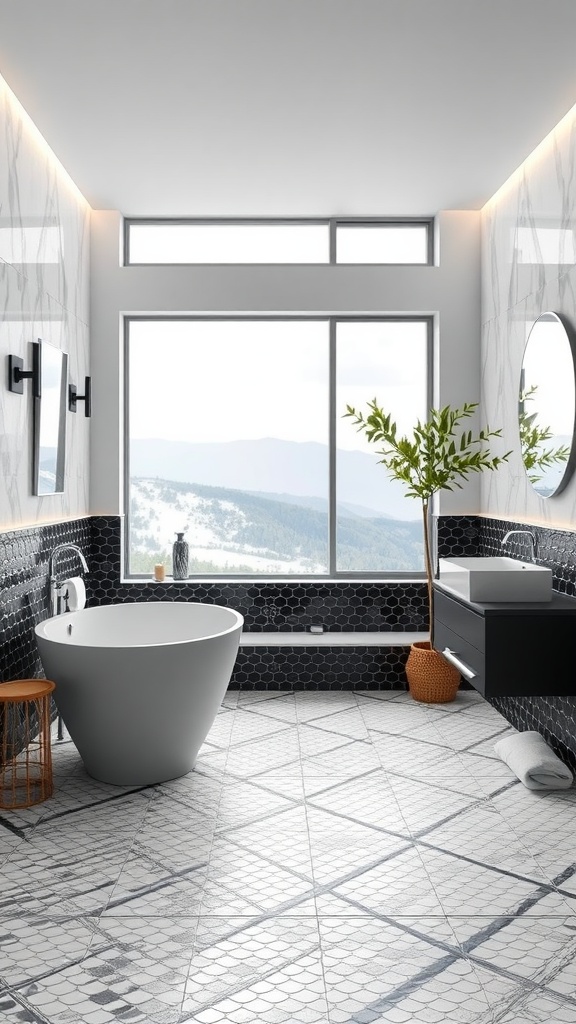 Open concept bathroom with black and white penny tile flooring, modern freestanding tub, and large windows