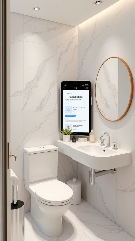 A modern bathroom with a personalized skincare station featuring a digital screen, minimalist design, and organized skincare products.