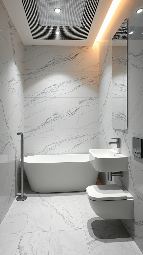 Modern bathroom with sleek design, featuring a bathtub, sink, and warm lighting.