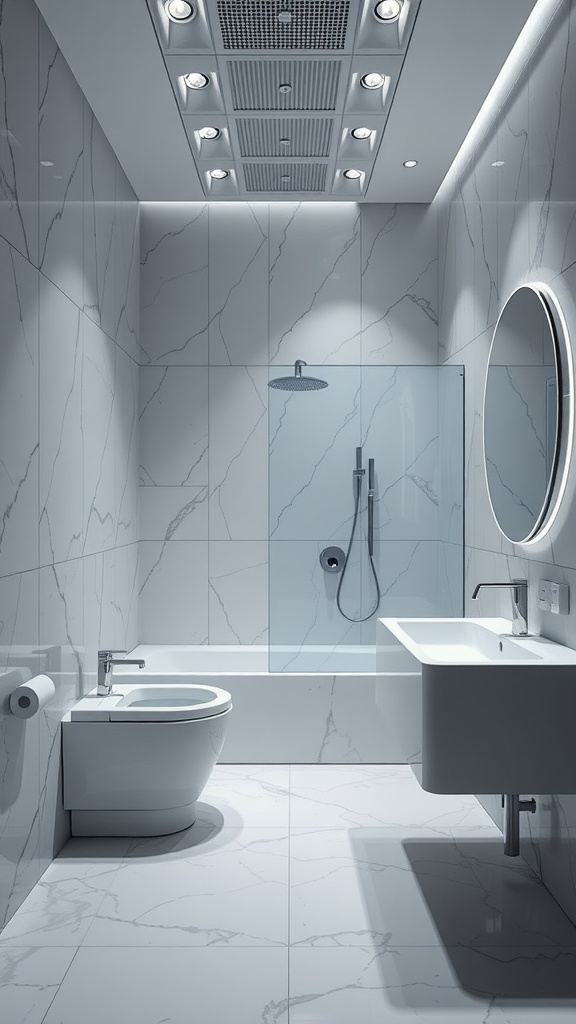 A modern bathroom with self-cleaning surfaces, featuring sleek marble-like tiles, a minimalistic sink, a shower area with glass enclosure, and soft lighting.